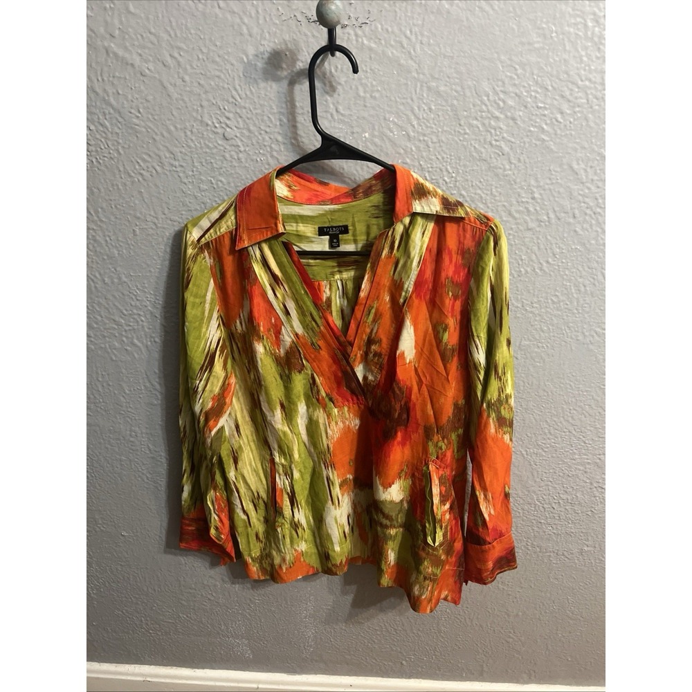 Talbots Abstract Print Split Neck Tunic Orange Lime Green Long Sleeve Size 14
